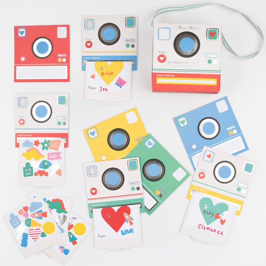 Instant Camera Valentine Cards & Stickers | Set of 24
