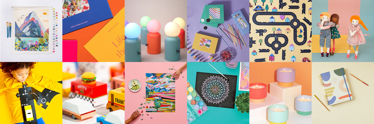 A grid showing various squares featuring colorful products with bright backgrounds, including toys, puzzles, candles, games.