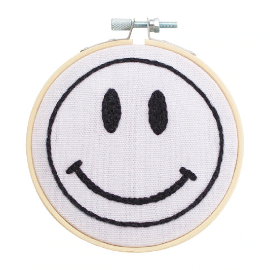 Happy Face Hoop Embroidery Kit - White
